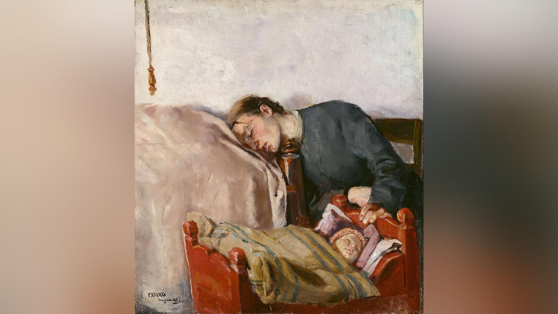 När ett barn sover vilar jorden – och med lite tur även mor och far. Målning av Christian Krohg (1852–1925). Foto: Public Domain