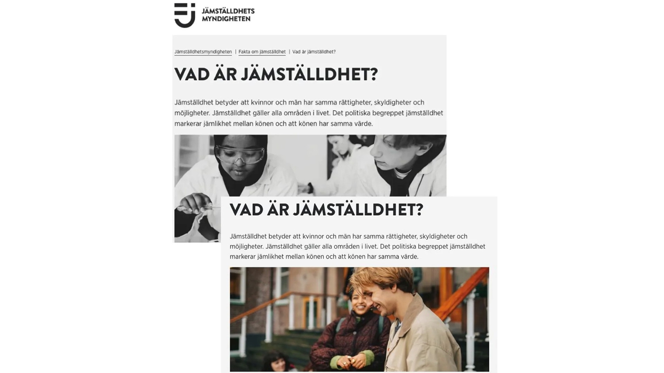 Bilden på flickan i hijab byttes ut på Jämställdhetsmyndighetens sajt i maj efter kritik från Kvinnokraft 4.0. Foto: Faksimil från Jämställdhetsmyndighetens sajt