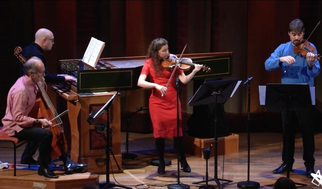 
En trio från Kungliga Filharmonikerna tillsammans med en cembalist framförde barockverk av Purcell, Roman, Jacquet, Rosenmüller och Leonarda. Foto: Skärmbild/Konserthuset Play                                            