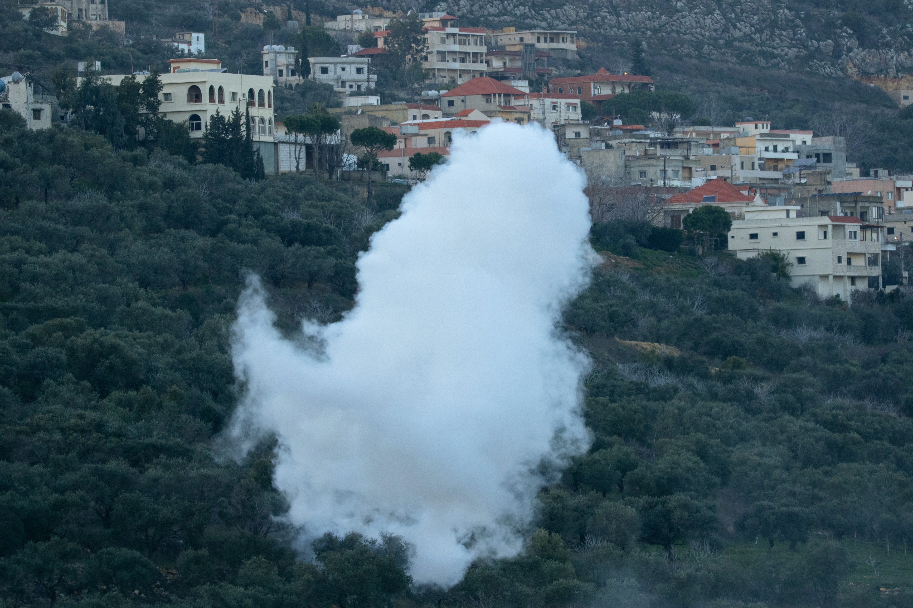 Rök bolmar från ett fält efter en israelisk attack mot den sydlibanesiska byn Kfar Kila nära gränsen till Israel den 19 januari.