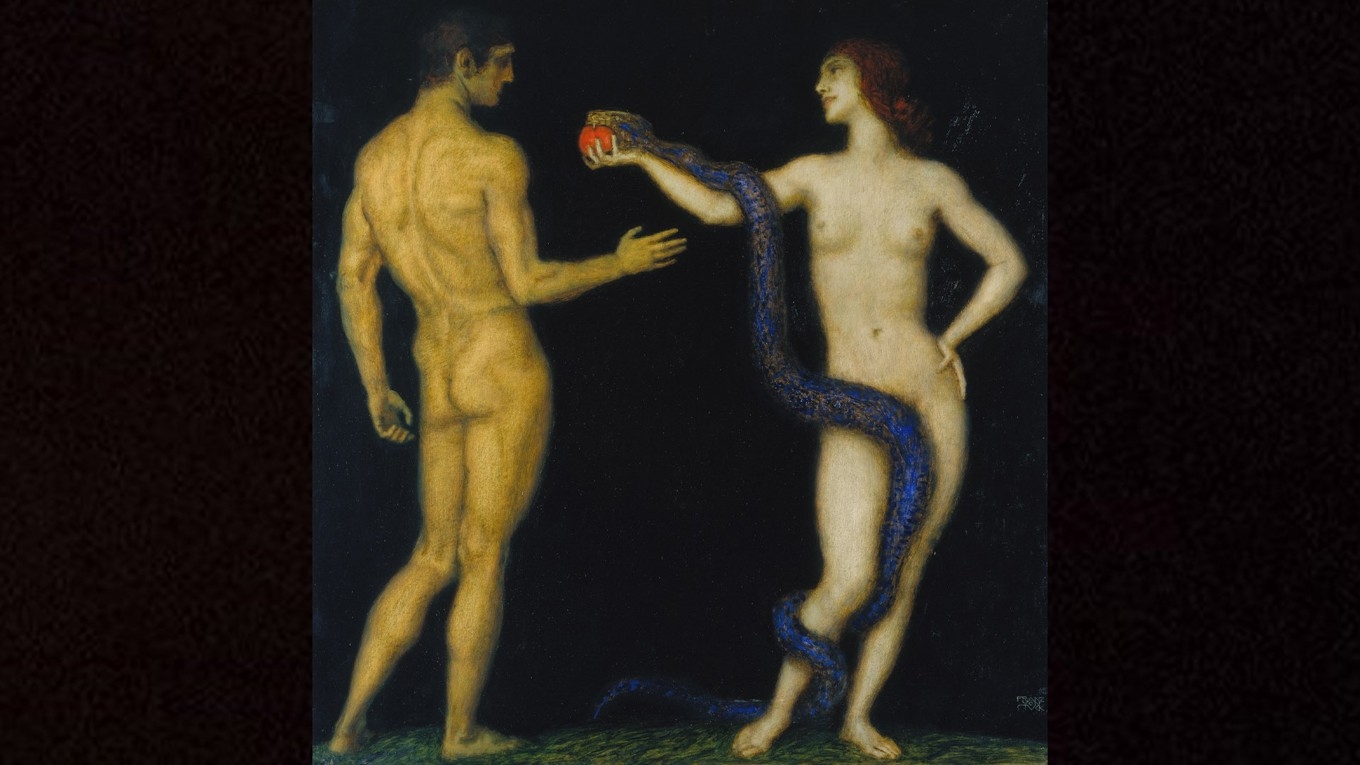 Adam och Eva, sedda genom den estetiska och karga blick som kännetecknar den tyske konstnären och professorn vid akademien i München, Franz von Stuck (1863–1928). Foto: Public Domain