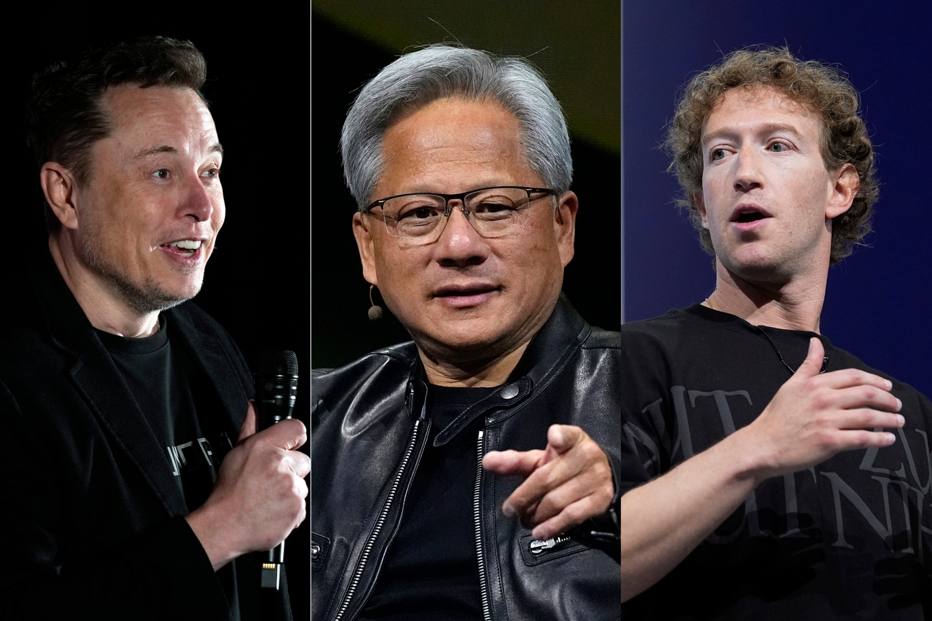 Entreprenören och miljardären Elon Musk, Nvidias vd Jensen Huang och Metaägaren Mark Zuckerberg blev, åtminstone på papperet, alla ordentligt rikare under året som gått. Arkivbilder. Foto: AP Photo/TT