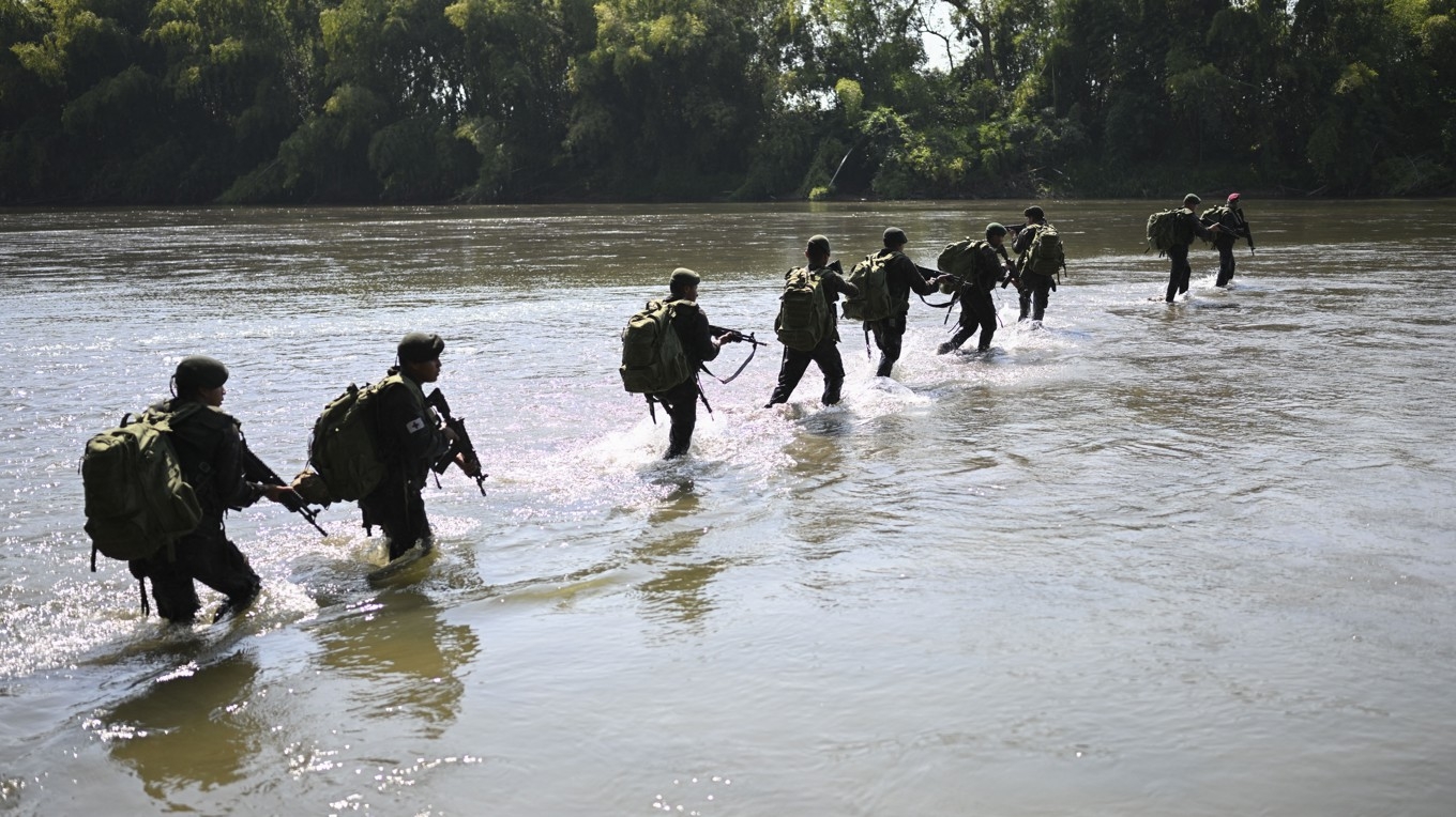 Soldater patrullerar gränsen mellan Guatemala och Mexiko vid Suchiatefloden den 3 mars i syfte att avskräcka narkotikakarteller. Foto: Johan Ordonez/AFP via Getty Images