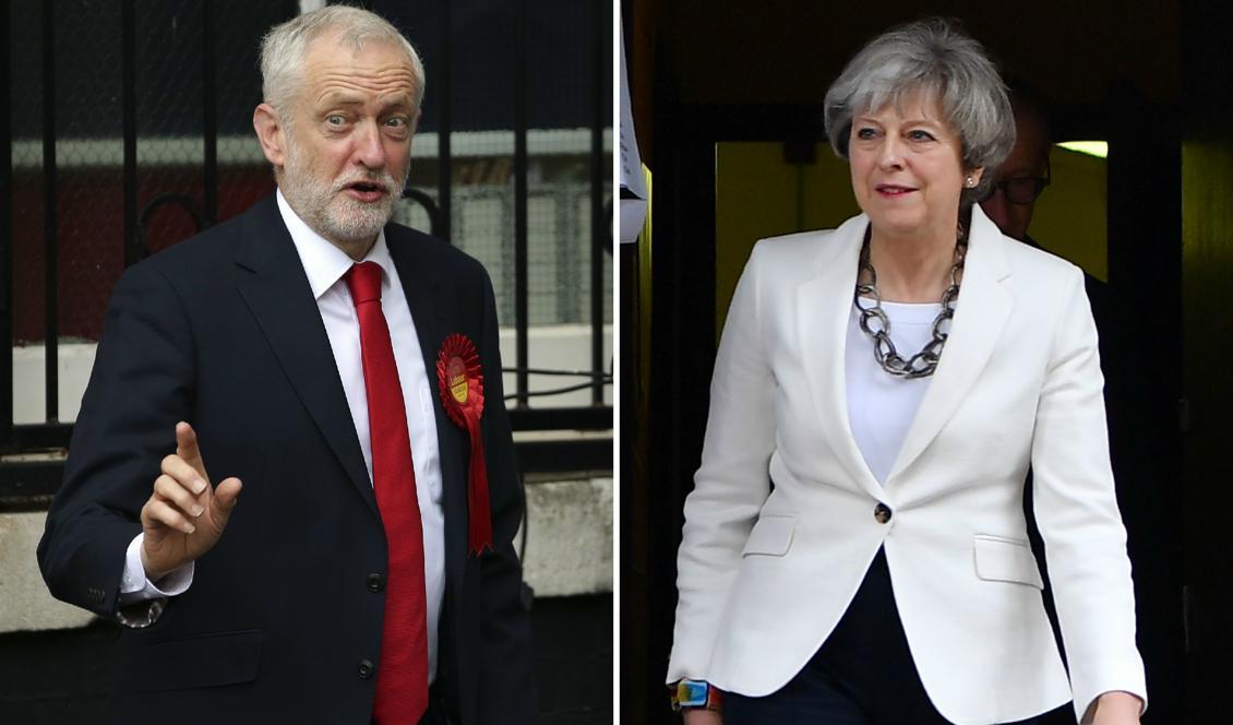 Bilden visar på vänster sida Labours ledare Jeremy Corbyn som röstade i norra London och premiärministern Theresa May som röstade i Maidenhead den 8 juni, 2017. Foto: Daniel Leal-Olivas/AFP/Getty Images.