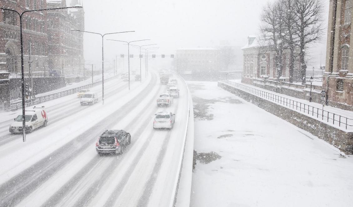 Vindstyrka på uppemot tio meter per sekund kraftigt snöfall väntas i östra Svealand. Foto: Christine Olsson/TT-arkivbild