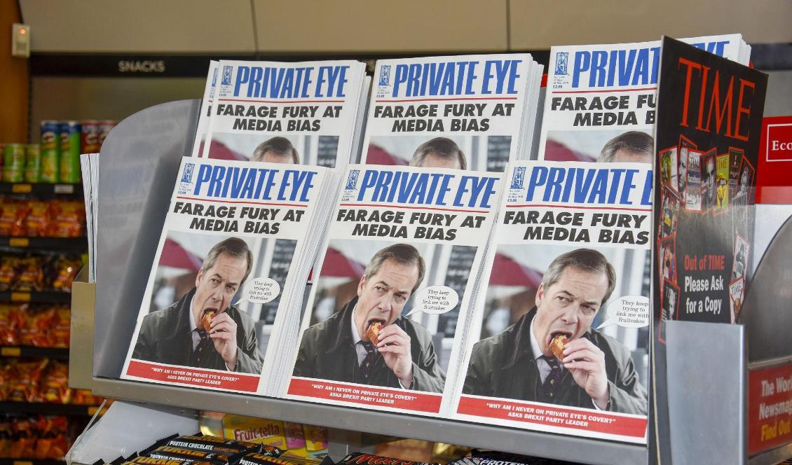 Brexitpartiets ledare Nigel Farage älskas av många britter – men är samtidigt djupt ogillad av andra. Och satirtidningarna, som exempelvis Private Eye, älskar att driva med honom. Foto: Wiktor Nummelin/TT