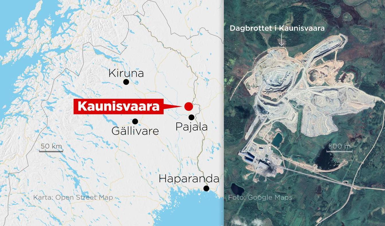 Kartan visar var gruvan i Kaunisvaara, som nu får utökat tillstånd, ligger. Foto: Anders Humlebo, TT.
