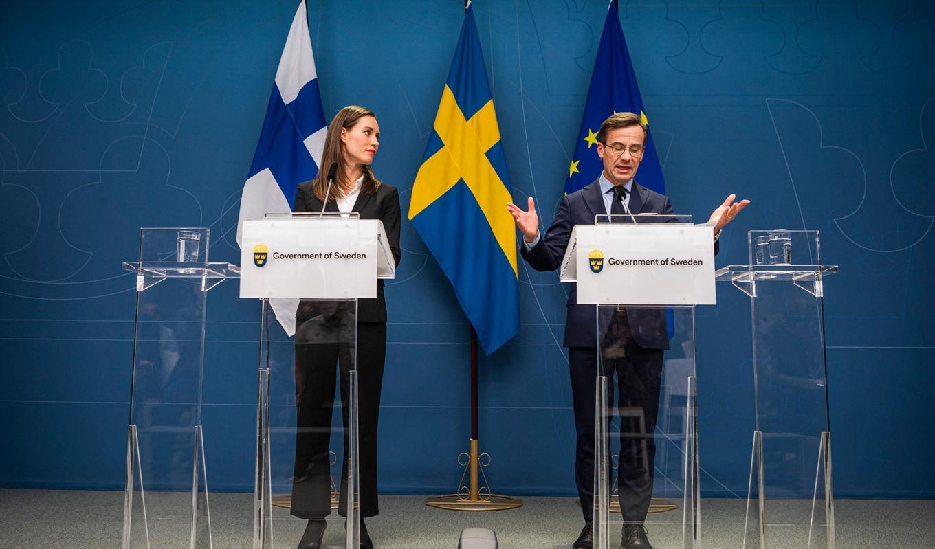 Finlands statsminister Sanna Marin och hennes kollega Ulf Kristersson (M) håller en presskonferens i Stockholm den 2 februari 2023. Foto: Jonathan Näckstrand/AFP via Getty Images