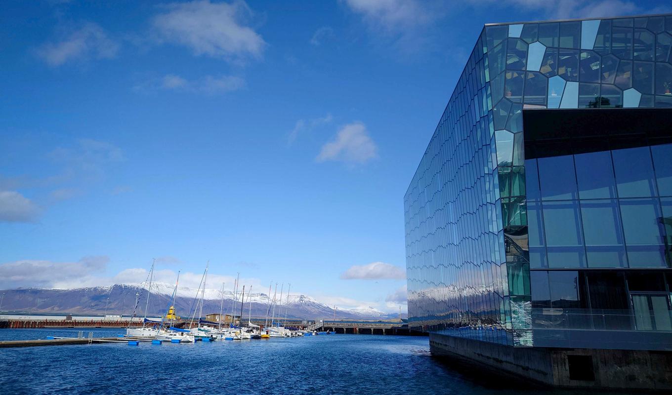 Toppmötesdeltagarna får utsikt över snötäckta fjäll från den pampiga möteslokalen Harpa i centrala Reykjavik. Foto: Henrik Samuelsson/TT