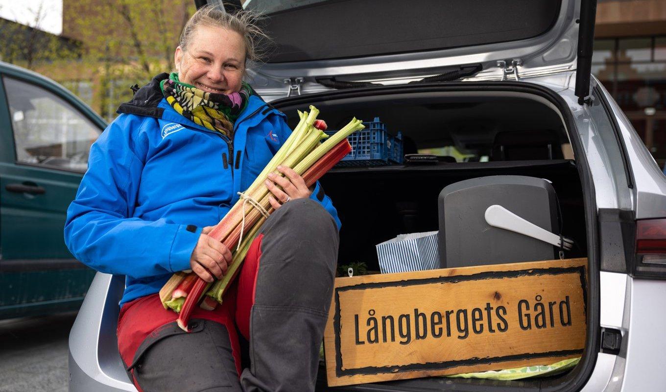 Jordbrukaren Stina Dahlquist från Långbergets gård säljer närproducerade varor via en rekoring på Stortorget i Östersund. Foto: Per Danielsson/TT