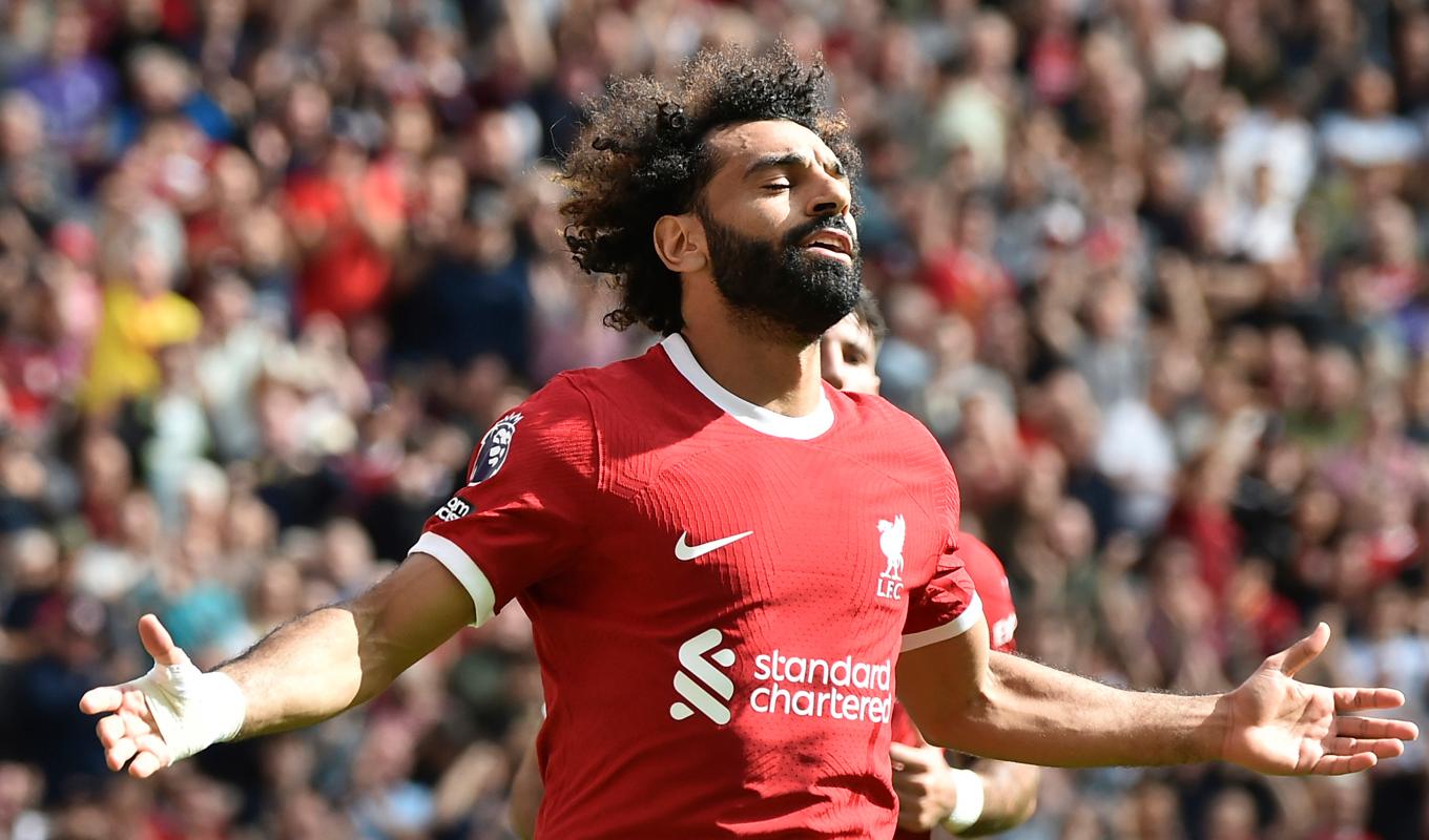 Liverpools Mohamed Salah jublar över sitt 2–1-mål i segern över Bournemouth. Foto: Rui Vieira/AP/TT