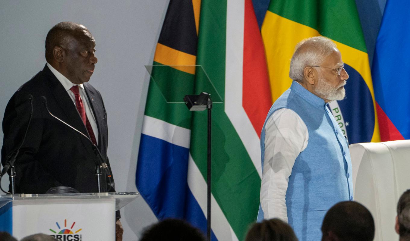 Sydafrikas president Cyril Ramaphosa med Indiens premiärminister Narendra Modi. Foto: Jerome Delay/AP/TT