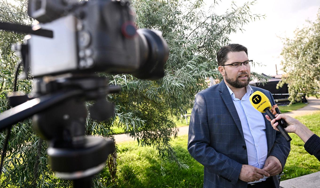 Sverigedemokraternas partiledare Jimmie Åkesson höll sommartal i Sölvesborg på lördagen. Foto: Johan Nilsson/TT