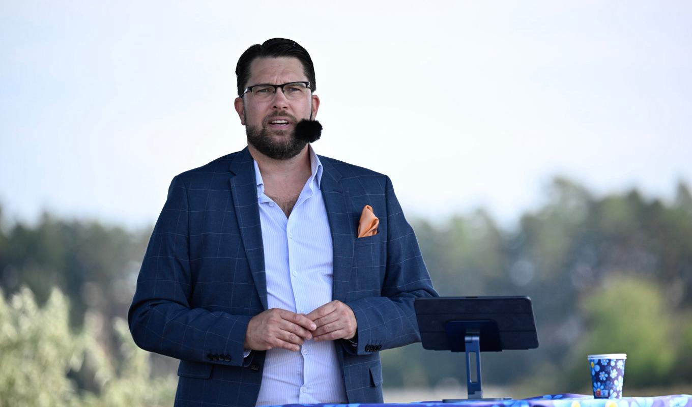 Sverigedemokraternas partiledare Jimmie Åkesson håller sommartal i Sölvesborg. Foto: Johan Nilsson/TT