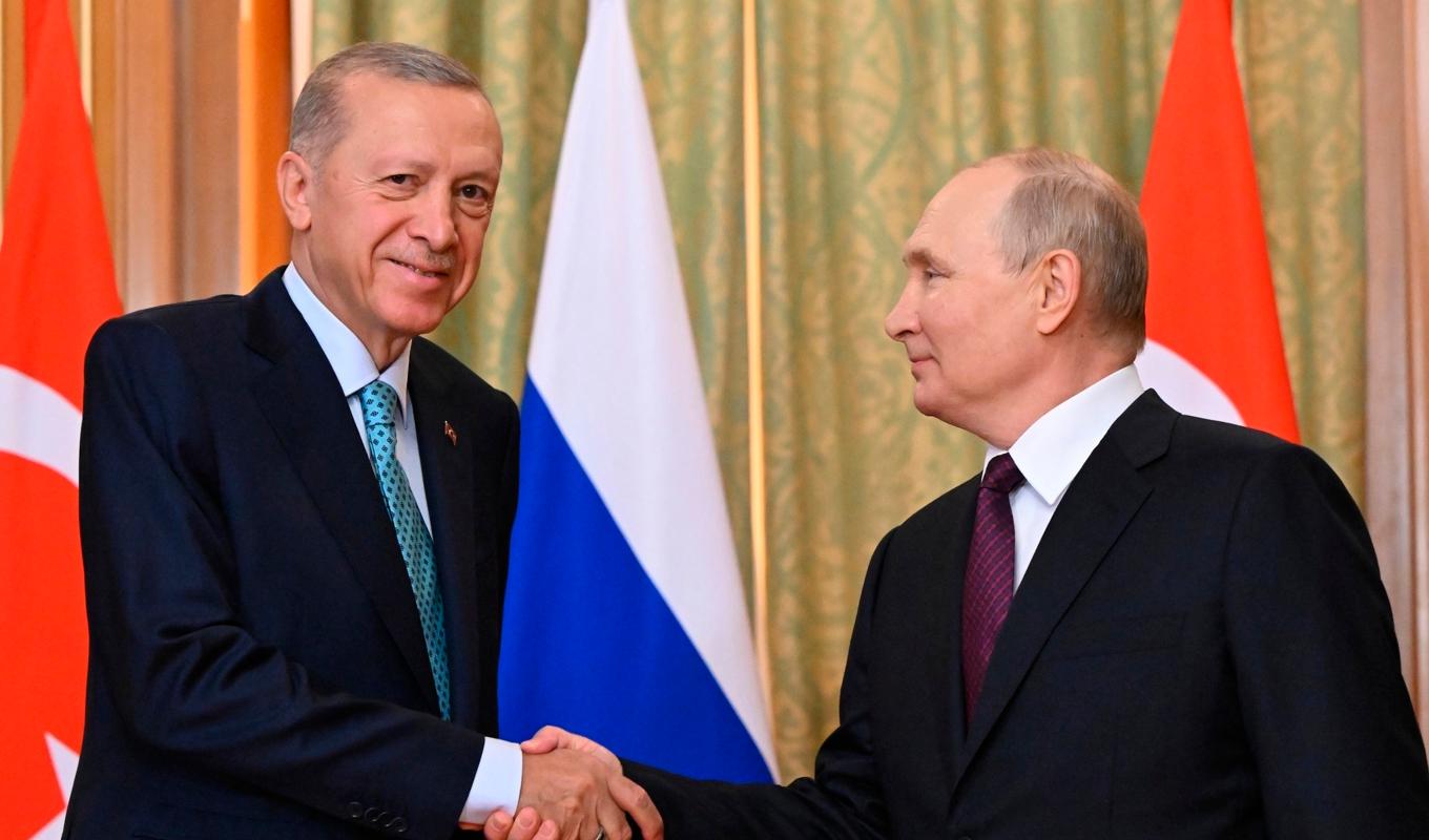 Turkiets president Recep Tayyip Erdogan och Rysslands president Vladimir Putin möttes i Ryssland för att diskutera spannmålsavtalet. Foto: Sergei Guneyev/AP/TT