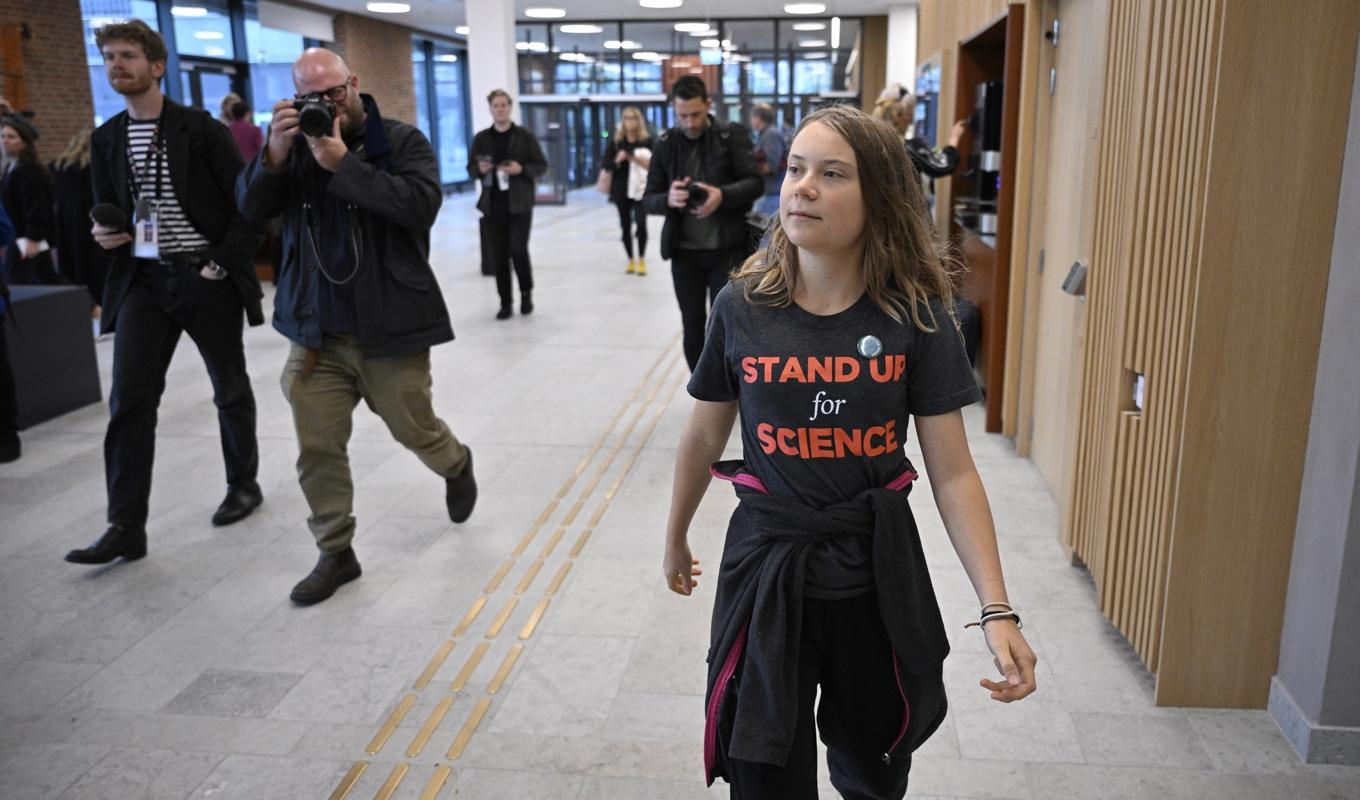 Klimataktivisten Greta Thunberg i Malmö tingsrätt på onsdagen. Foto: Johan Nilsson/TT