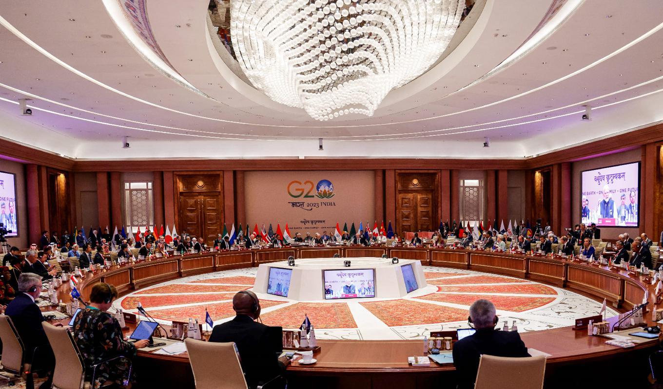 G20-ländernas ledare samlas under mötet i Indien den 9 september 2023. Afrikanska unionen (AU) blir den första regionala union som går med efter EU. Foto: Ludovic Marin/Pool/AFP via Getty Images