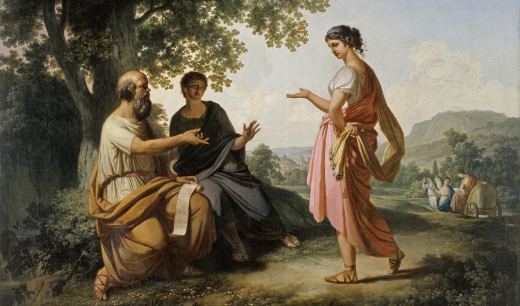 Diotima, Sokrates och en av Sokrates lärjungar. Gästabudet är en dialog om vad som definierar kärleken. Sokrates samtalar med Diotima, av Franz Cauzig, 1755-1828. Foto: Public Domain