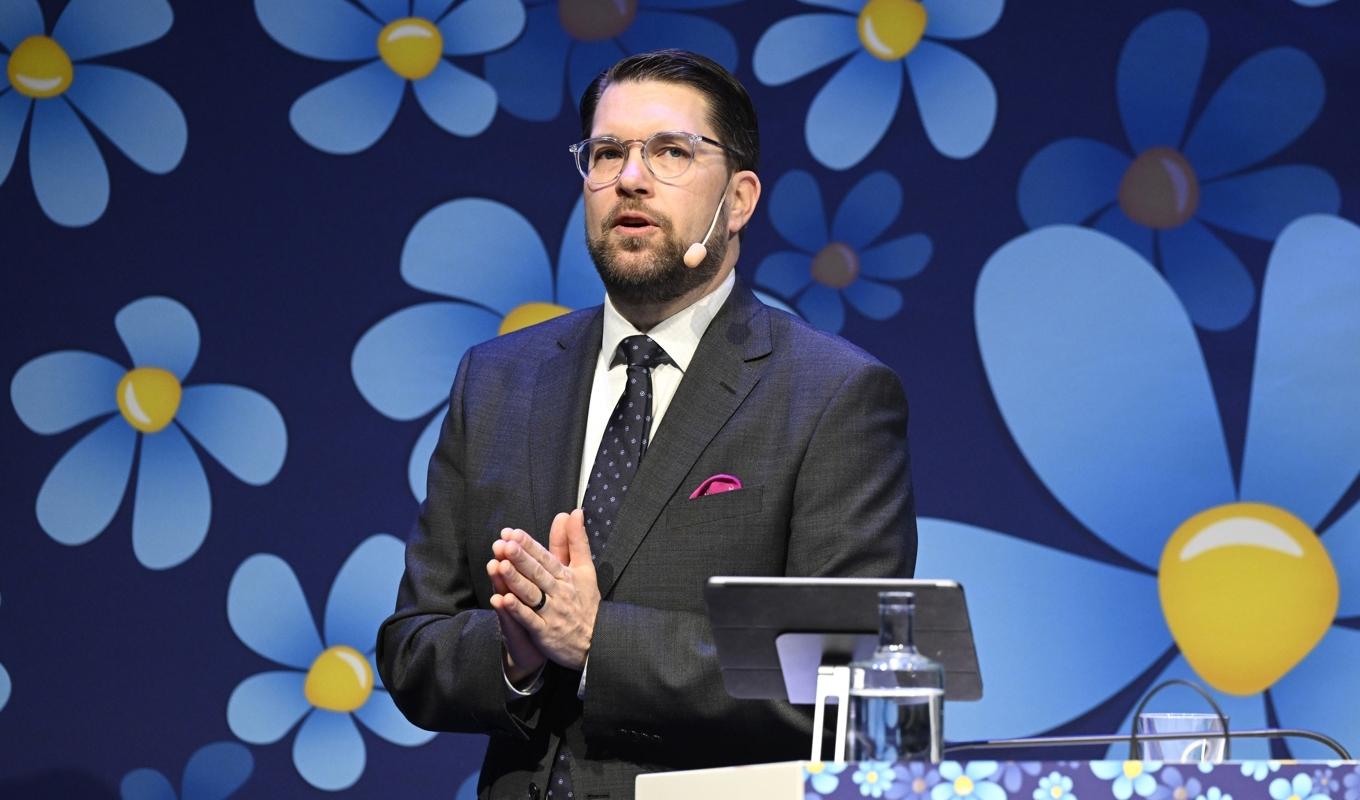 Partiledare Jimmie Åkesson (SD) talar under Sverigedemokraternas landsdagar på Västerås kongress. Foto: Jessica Gow/TT