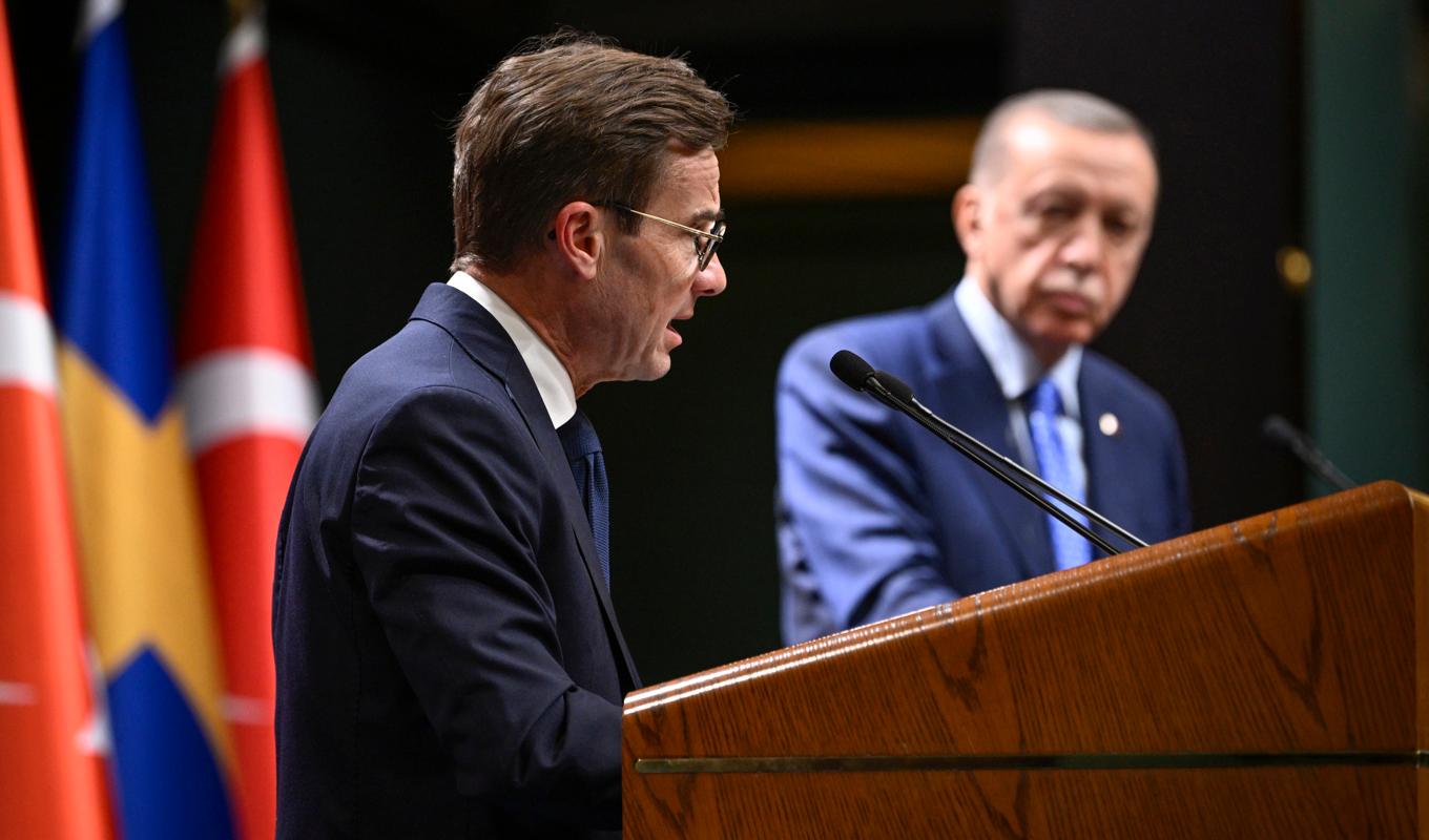 Sveriges statsminister Ulf Kristersson (M) och Turkiets president Recep Tayyip Erdogan. Arkivbild. Foto: Henrik Montgomery/TT