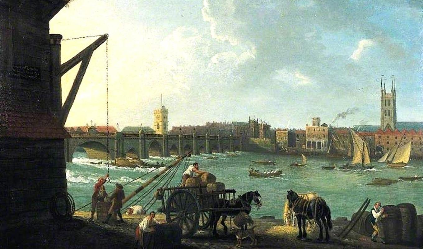 London i slutet av 1700-talet. Utsikt från norra stranden av Themsen mot London Bridge, målning av Herbert Pugh (1735–1788). Foto: Public Domain