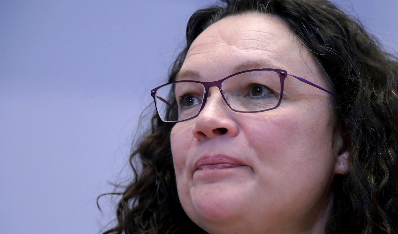 Tysk arbetsmarknad klarar lågkonjunkturen oväntat bra, konstaterar Andrea Nahles, chef för Tysklands arbetsförmedling. Arkivbild Foto: Michael Sohn AP/TT