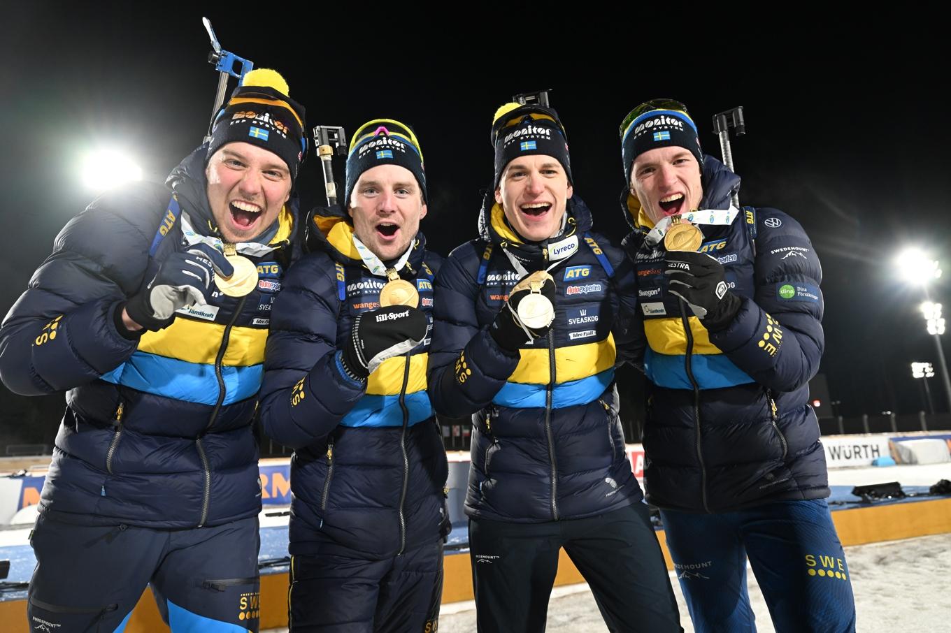 Sveriges guldlag: Viktor Brandt, Jesper Nelin, Martin Ponsiluoma och Sebastian Samuelsson. Foto: Fredrik Sandberg/TT