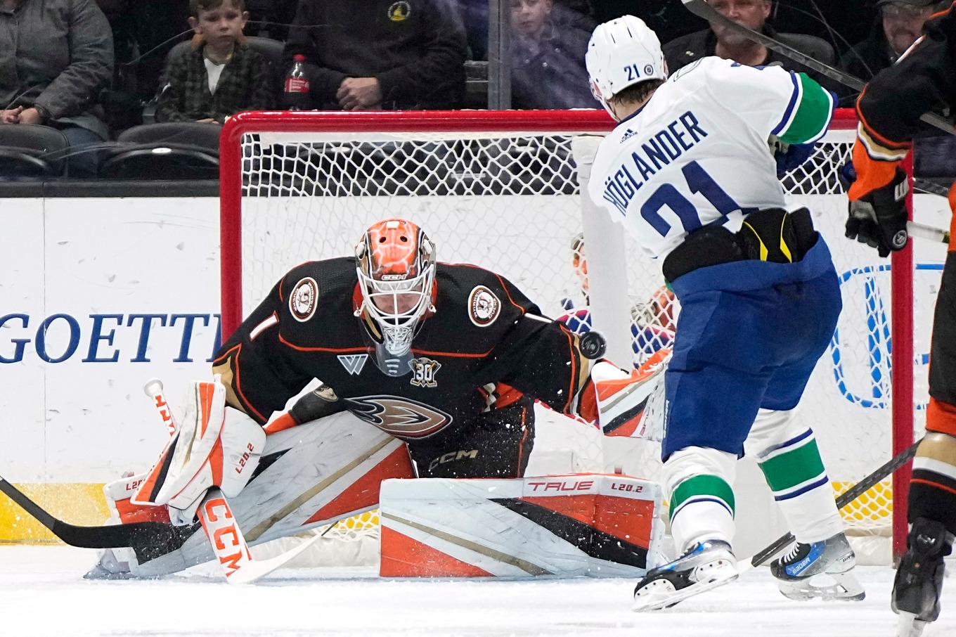 Vancouvers svenske forward Nils Höglander gör mål på Anaheims Lukas Dostal i en match som Vancouver vann med 2–1. Foto: Mark J. Terrill/AP/TT