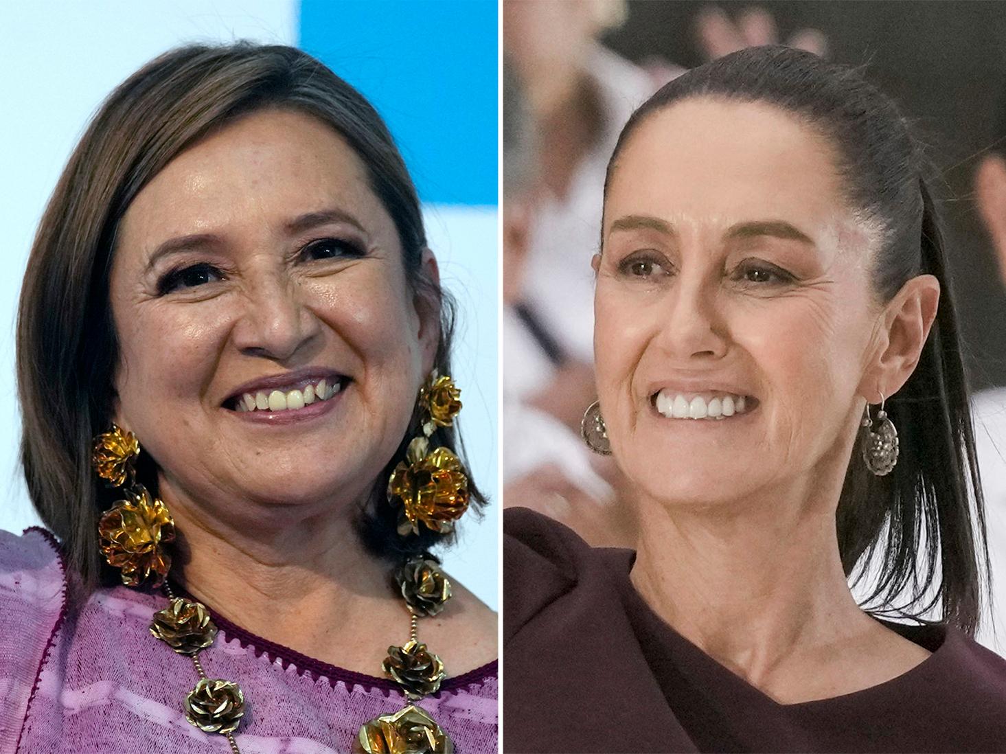 Två kvinnor är i ledning i kampen om att bli Mexikos president. Xóchitl Gálvez, till vänster, och Claudia Sheinbaum, till höger. Foto: Fernando Llan/Eduardo Verdugo/AP/TT