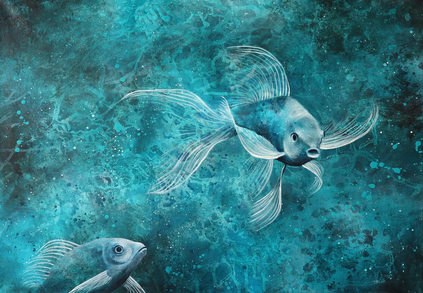Bakgrunden till de blå fiskarna är skapad med hjälp av rinntekniker. Foto: Jenny Hammar