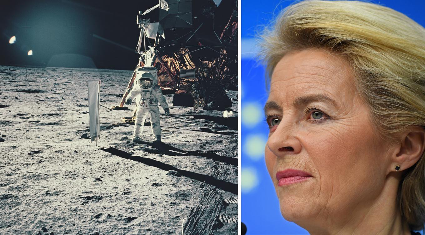 Ursula von der Leyen har jämfört Europas gröna omställning med när USA placerade astronauter på månen. Foto: Space Frontiers/Getty Images & Alain Jocard/AFP via Getty Images