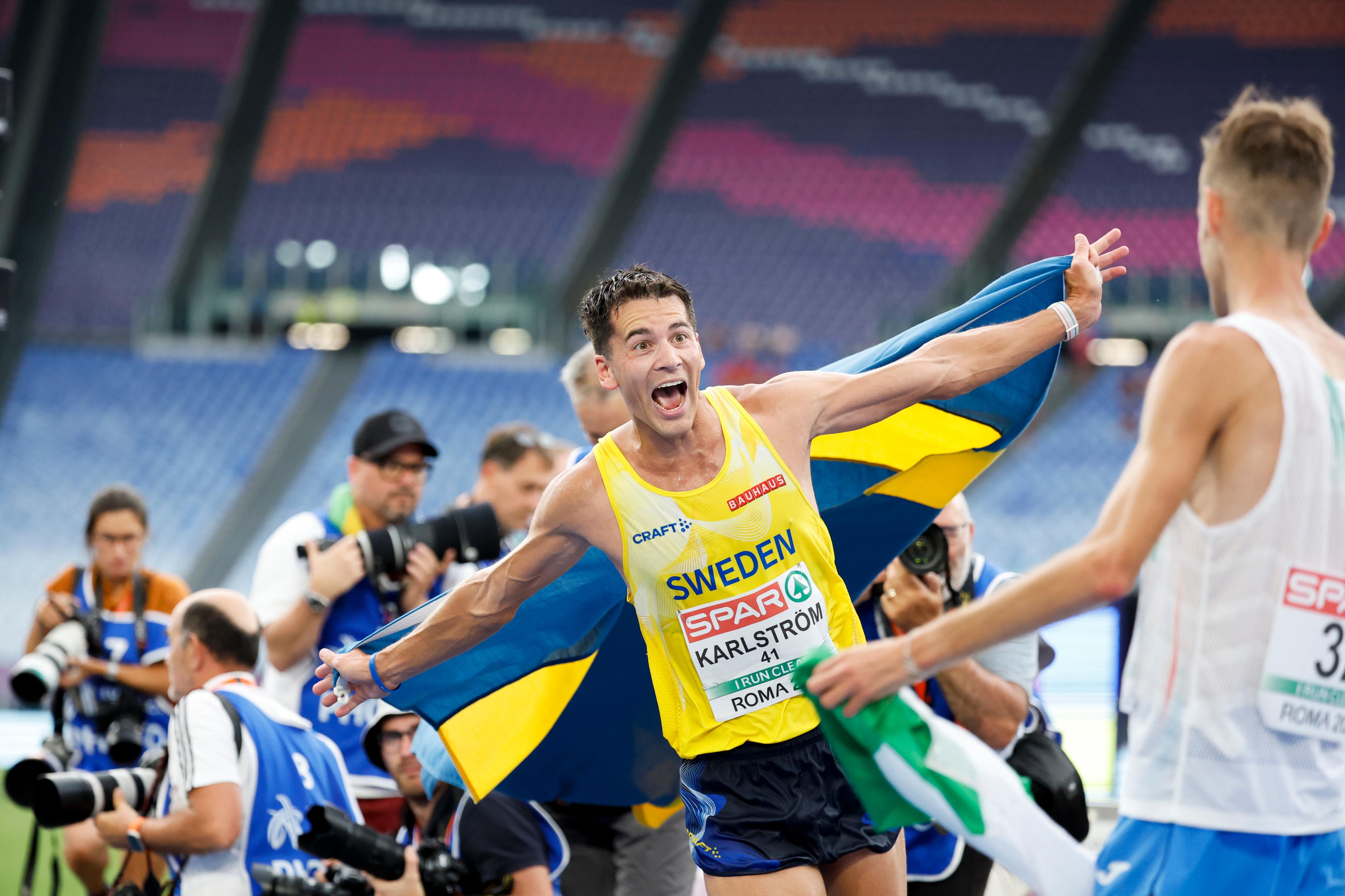 Perseus Karlström tar EM-guld i 20 kilometer gång i Rom. Foto: Christine Olsson/TT