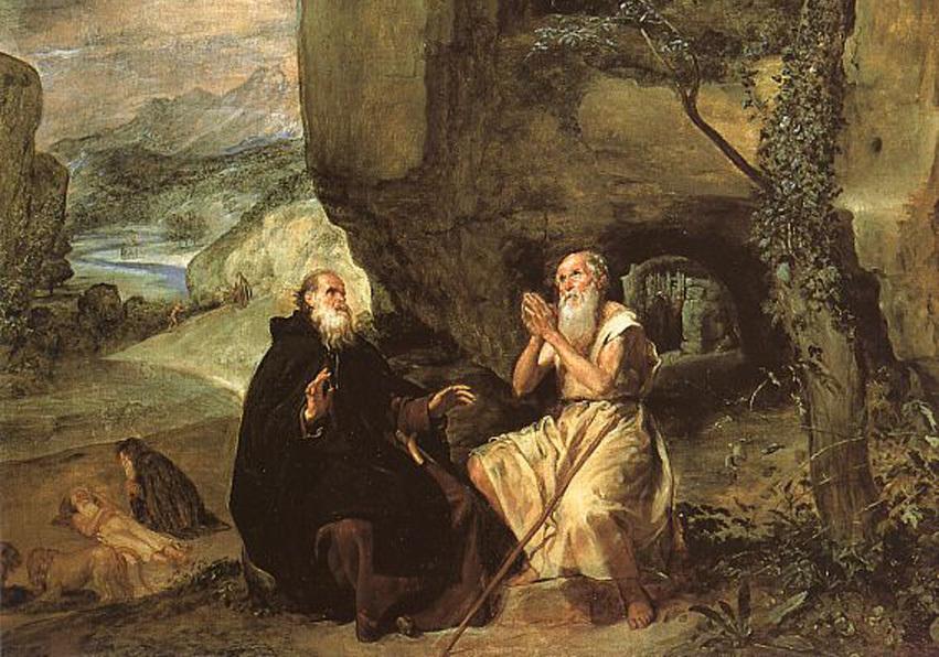 Vad kan vi i dagens samhälle lära oss av de gamla ökenfäderna Antonius och Paulus av Thebe? Oljemålning av Diego Velázquez år 1635. Foto: Public Domain