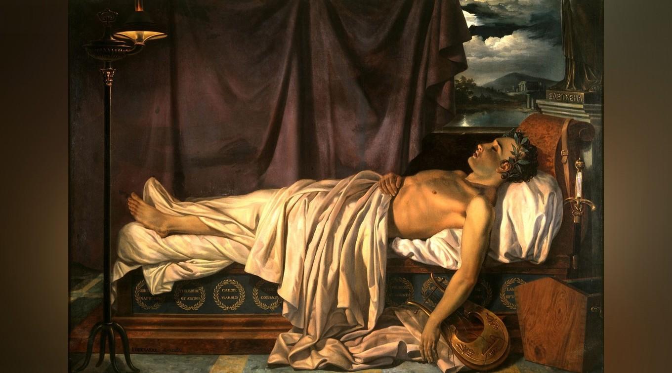 Lord Byron på sin dödsbädd i Grekland, målad av Joseph Denis Odevaere 1826. Foto: Public Domain