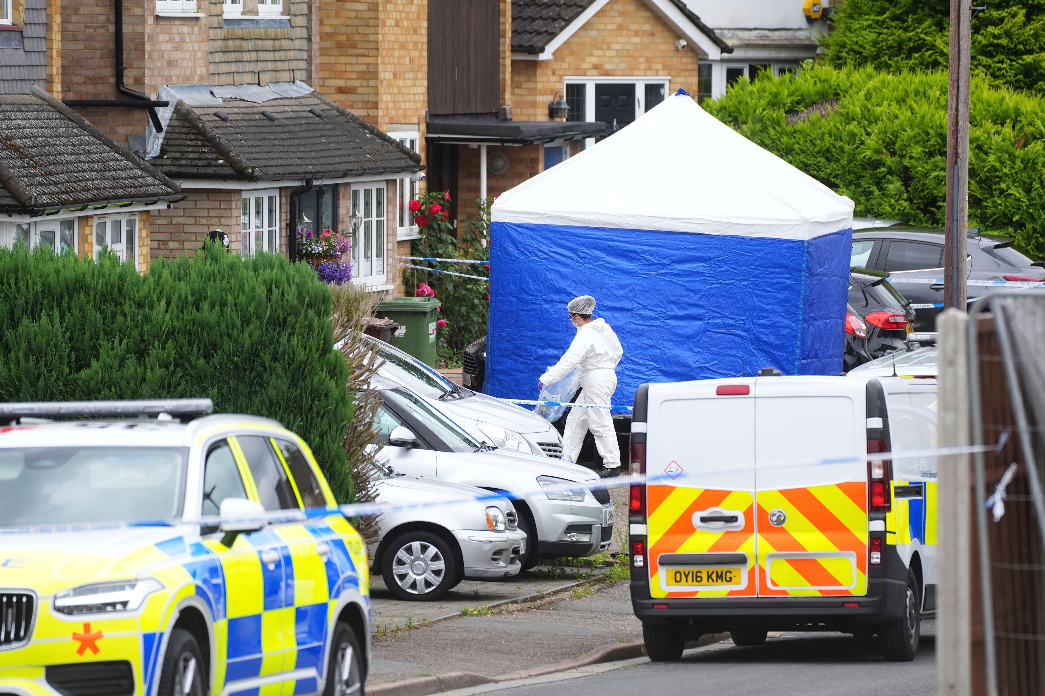 Polis på plats efter att tre kvinnor mördats av en man med armborst utanför London. Foto: Jacob King/AP/TT