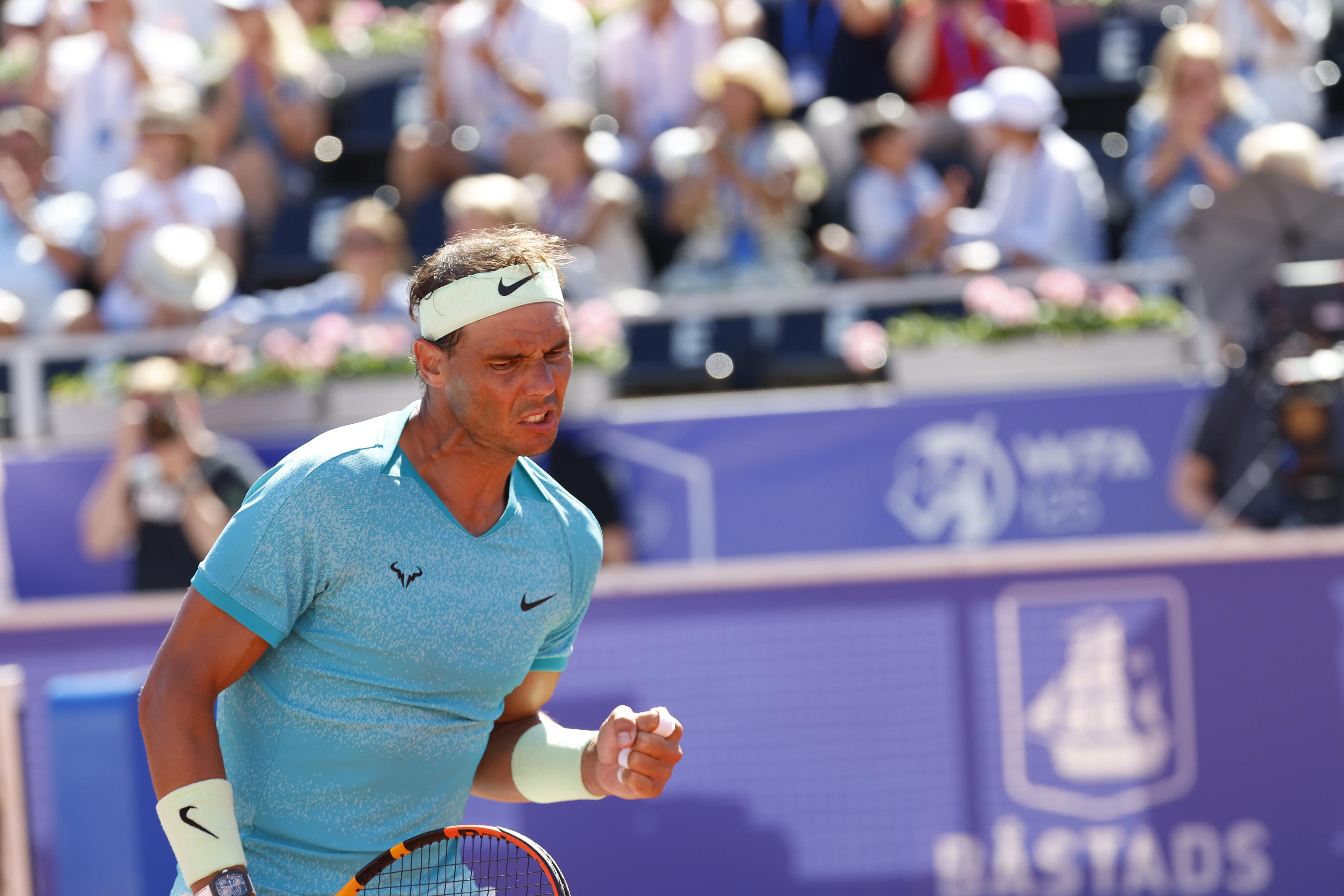 Spaniens Rafael Nadal knöt näven under lördagens semifinal i herrarnas singel mot Kroatiens Duje Ajdukovic i Båstads ATP-turnering. Foto: Adam Ihse/TT