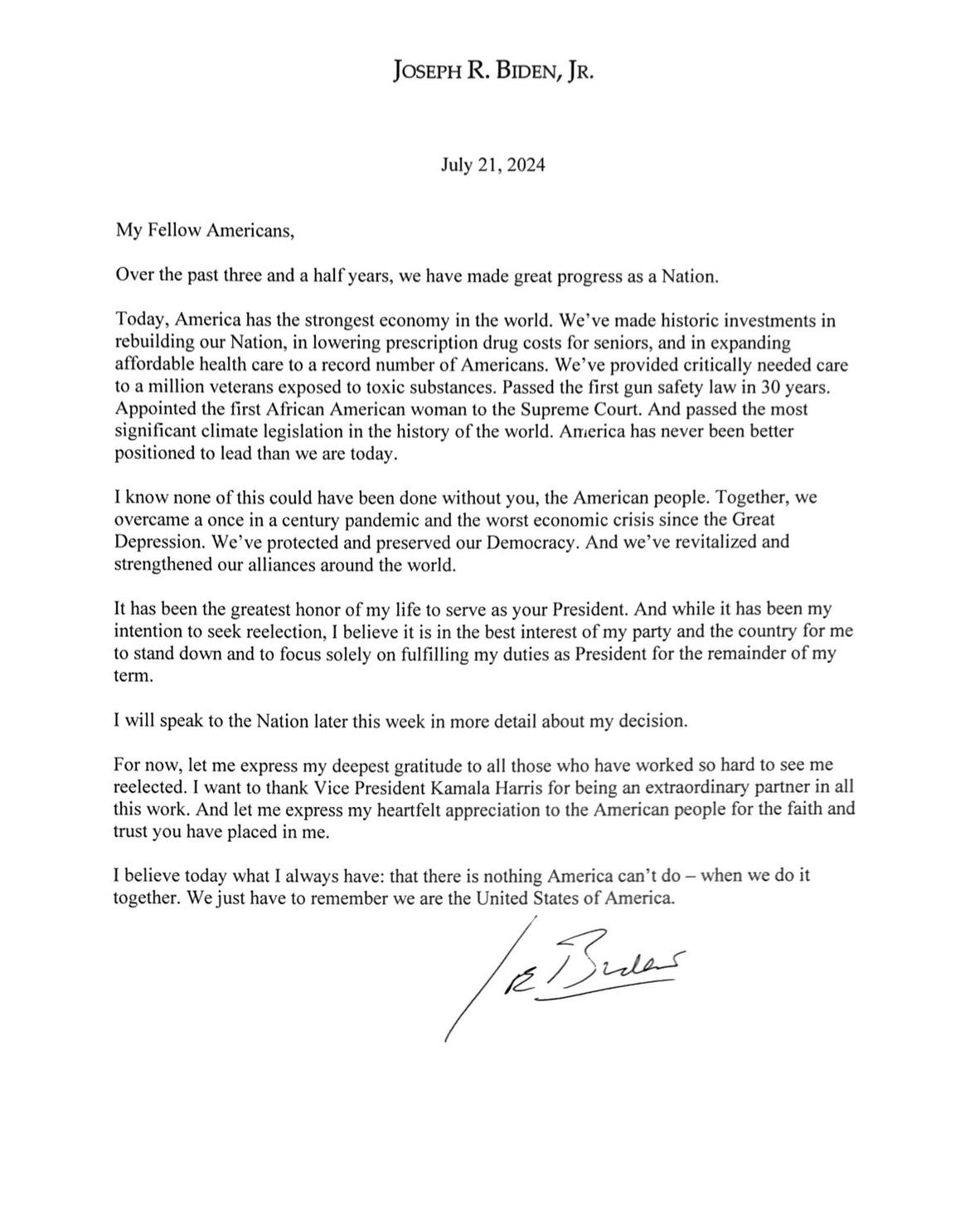 Joe Biden s brev som tillkännager att han hoppar av presidentvalskampanjen, publicerat på X. Foto: Joe Bidens X-konto