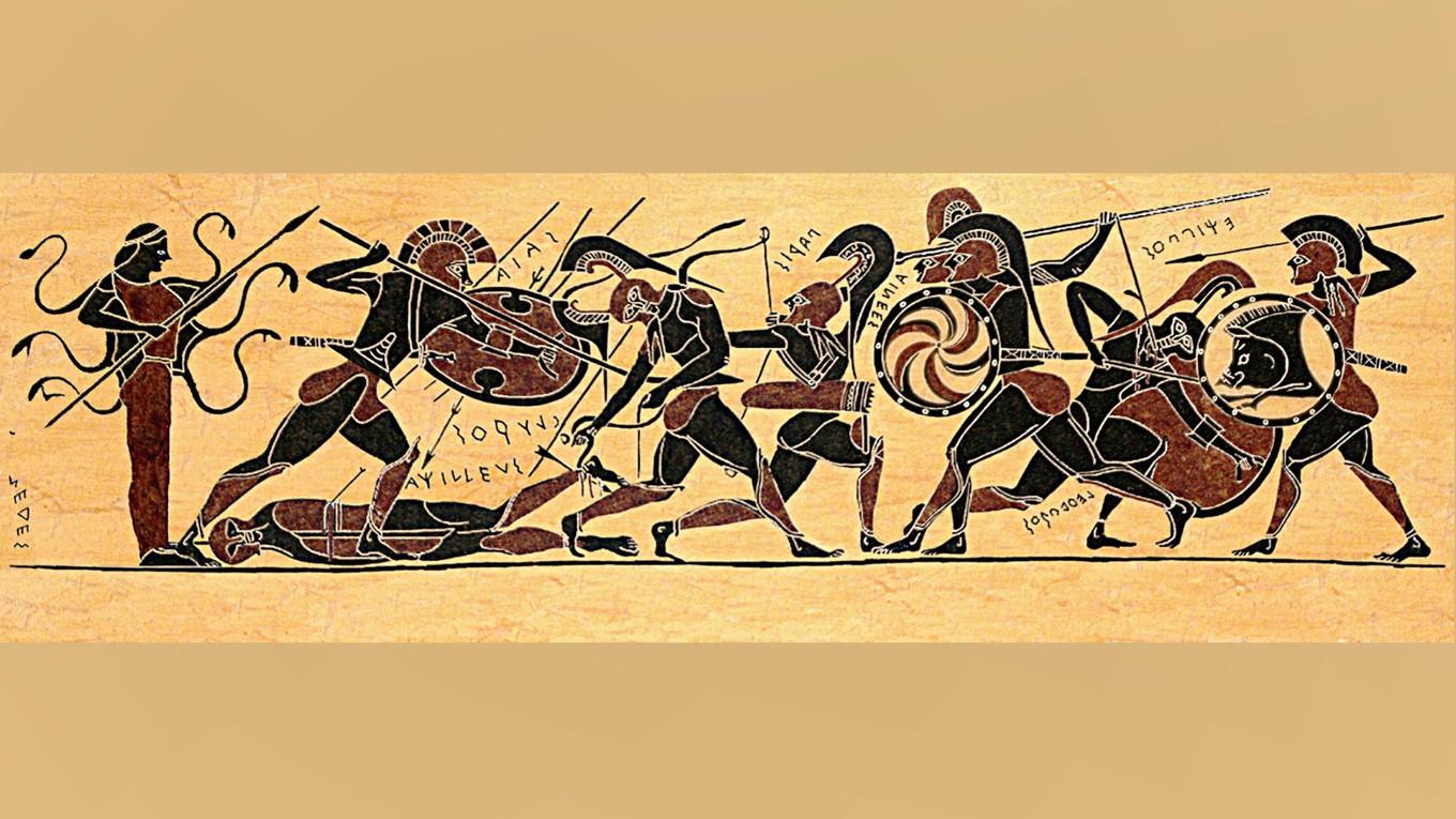 "Akilles död." Teckning av en målning på en försvunnen grekisk amfora från 500-talet f. Kr. Se text i slutet av artikeln. Ovan teckning, ursprungligen i svartvit, är färglagd av Kathleen Vail i ett försök att återställa originalets färger.