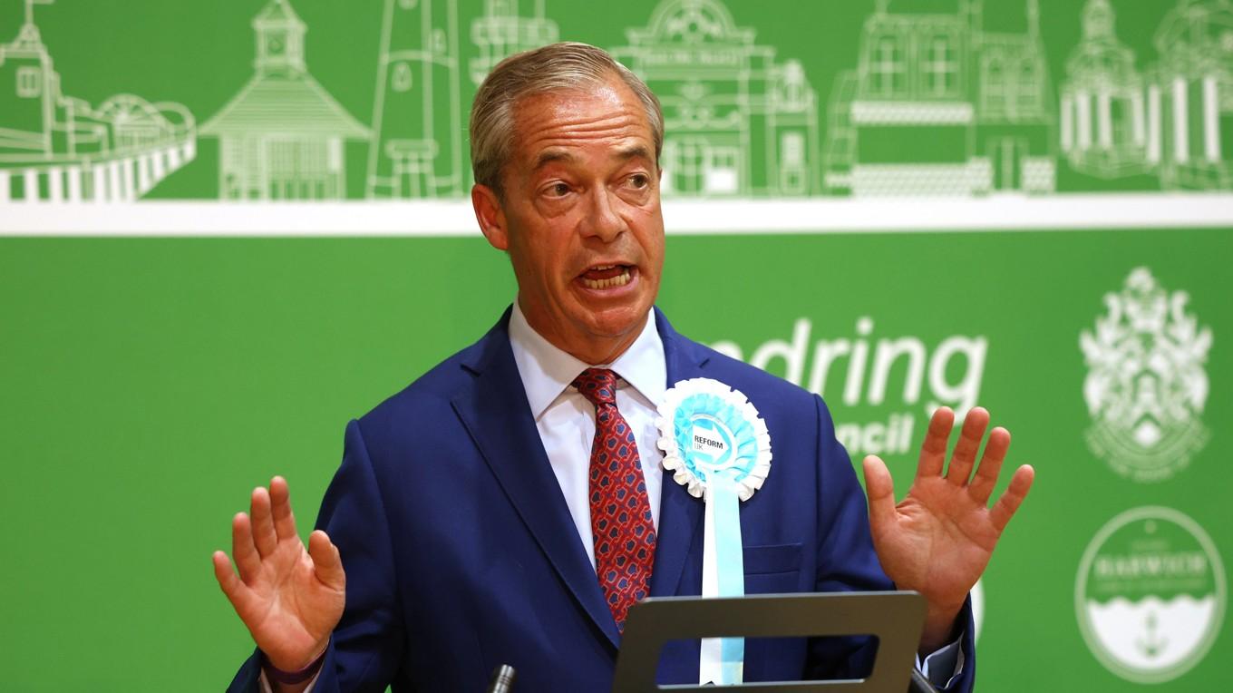Nigel Farage talar i Clacton-on-Sea i England den 5 juli. Foto Dan Kitwood/Getty Images
