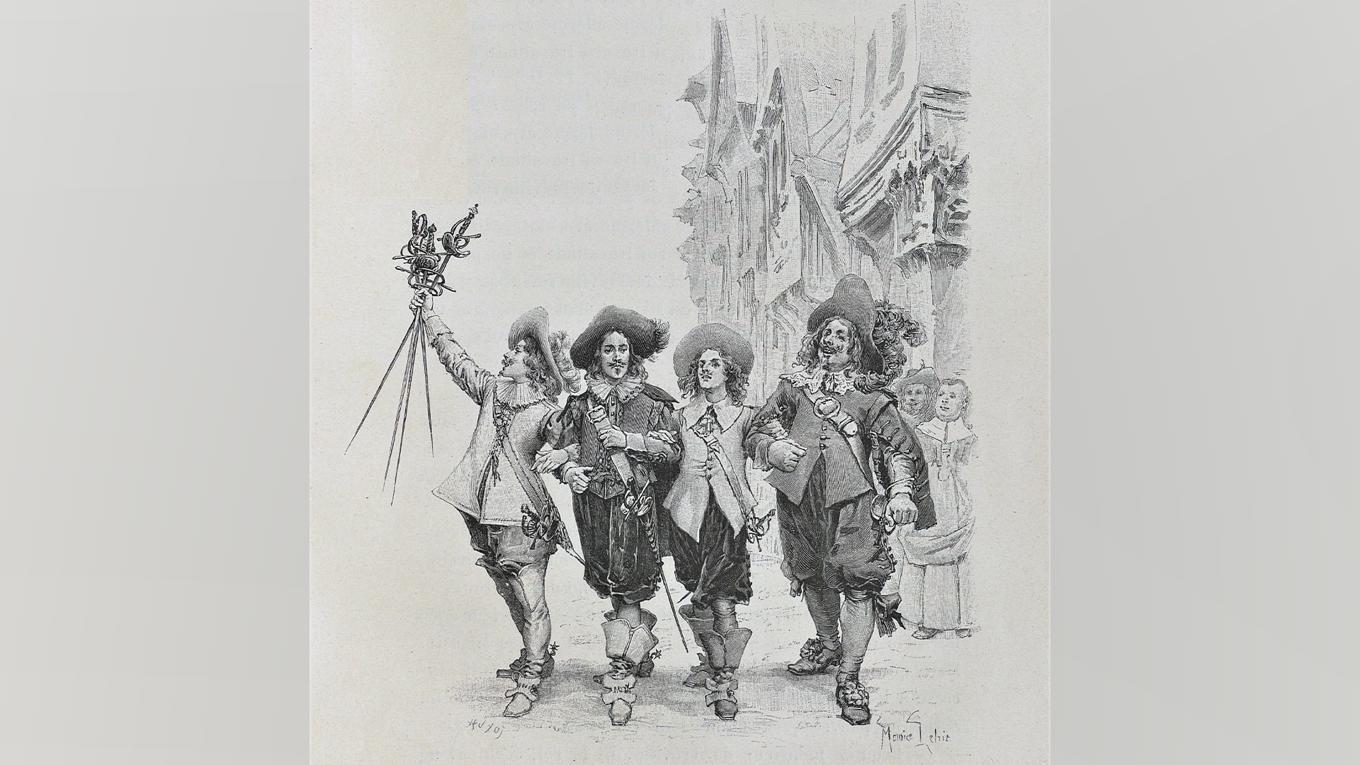 D’Artagnan och de tre musketörerna. Illustration av Maurice Leloir (1894). Foto: Public Domain