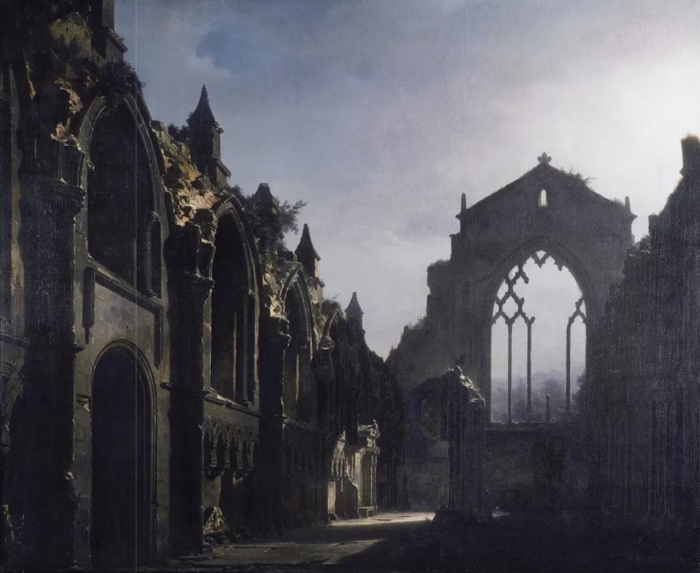 Oljemålning föreställande Holyroods ruin, målad 1824 av Louis Daguerre. Foto: Public Domain