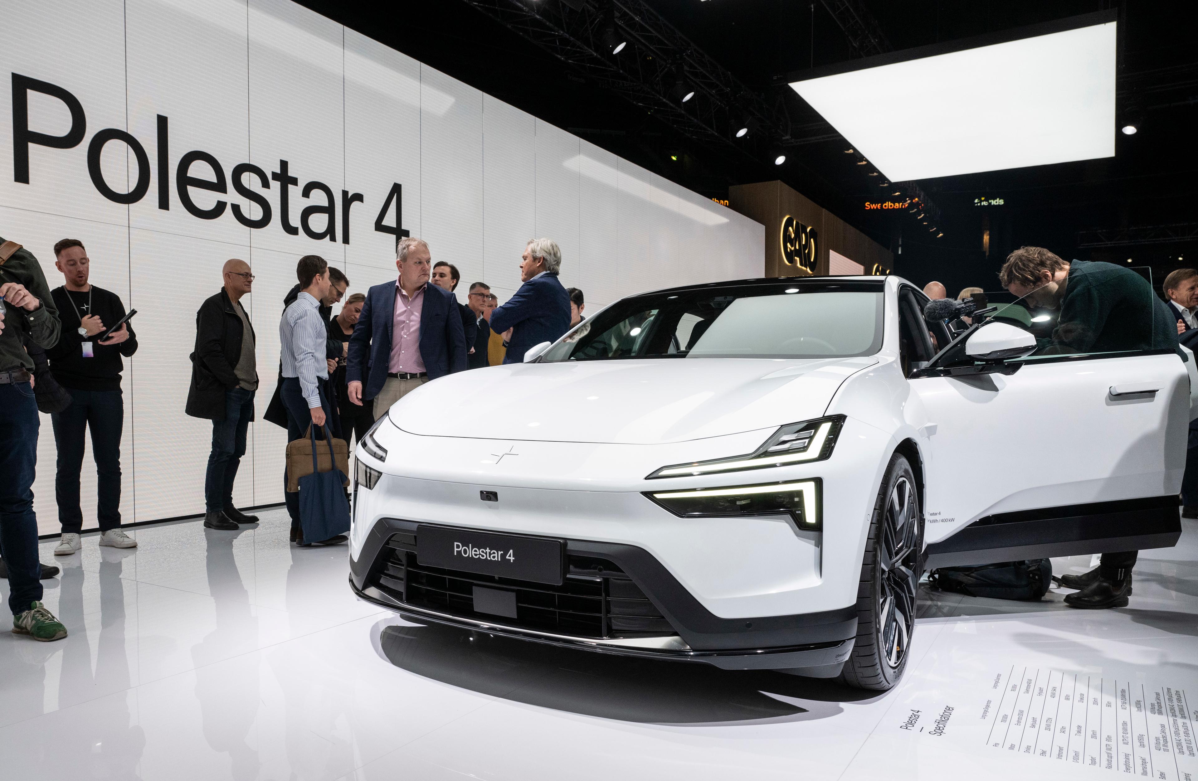 Polestars nya bil, Polestar 4, på Elbilsmässan E-car expo på Friends Arena i Solna i februari. Foto: Pontus Lundahl/TT