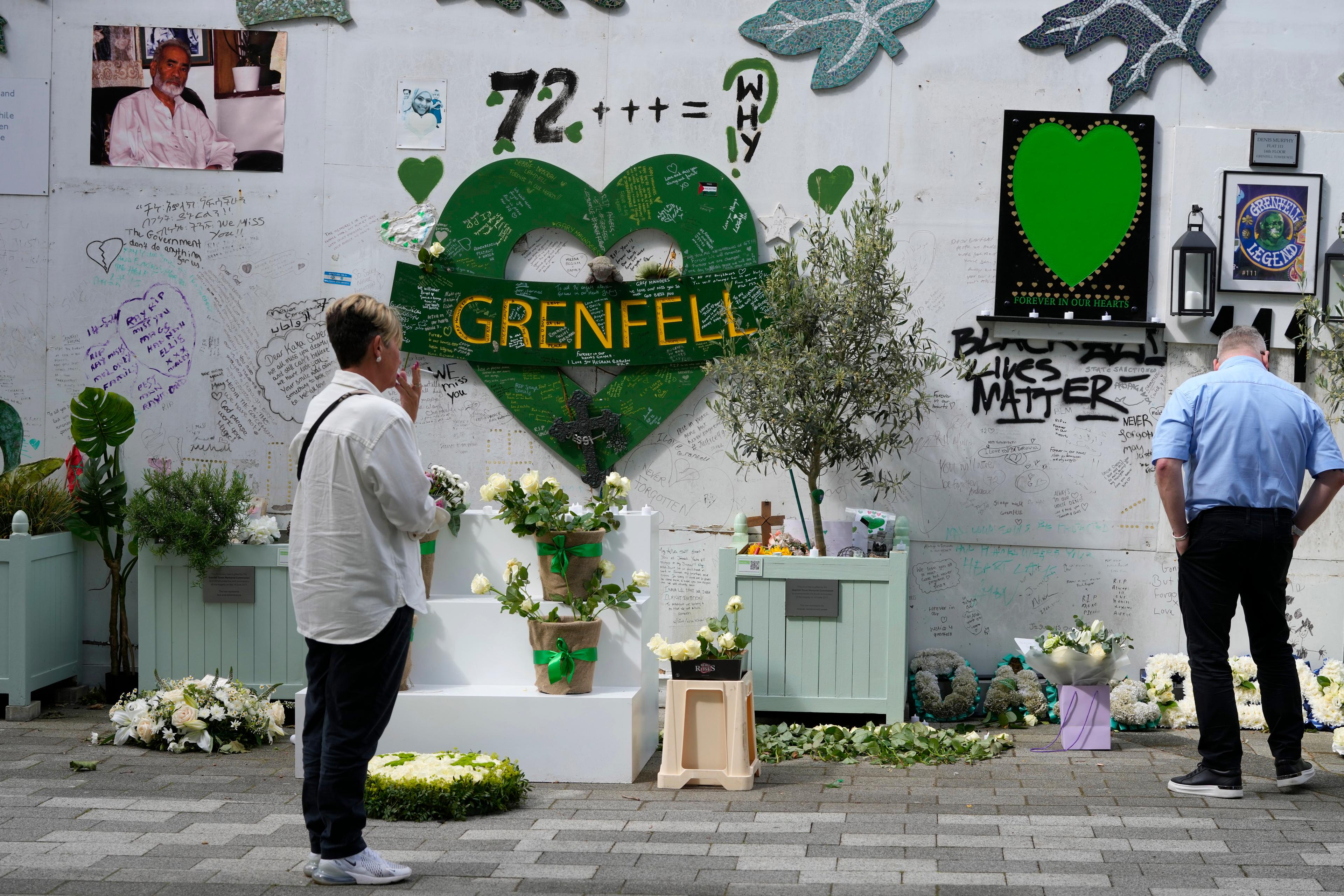 En minnesplats för offren för branden i Grenfell Tower i Londonstadsdelen North Kensington. Bild tagen i juni. Foto: Kirsty Wigglesworth/AP/TT