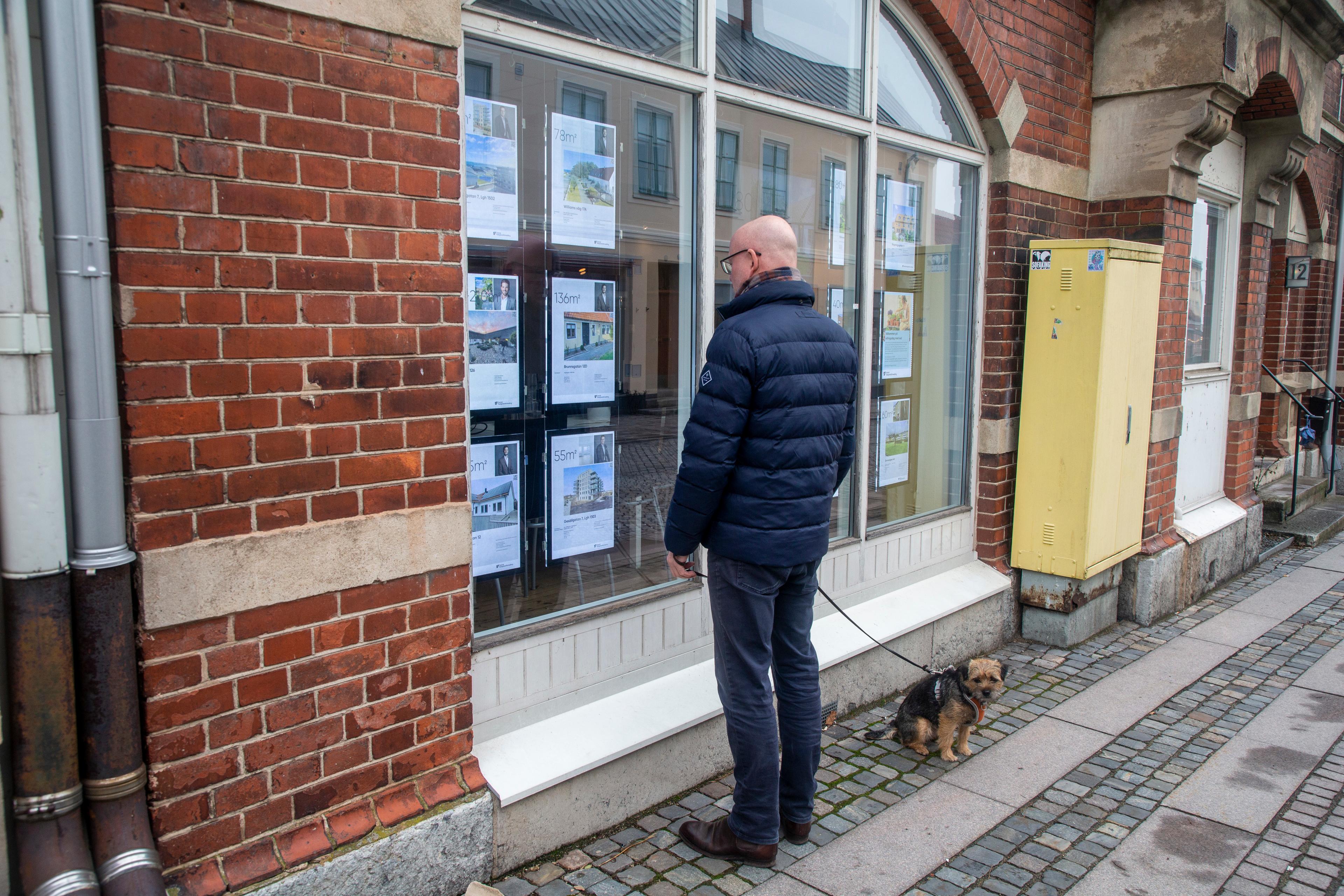 En man med hund tittar på bostadsannonser i ett fönster i Simrishamn. Arkivbild. Foto: Martina Holmberg/TT