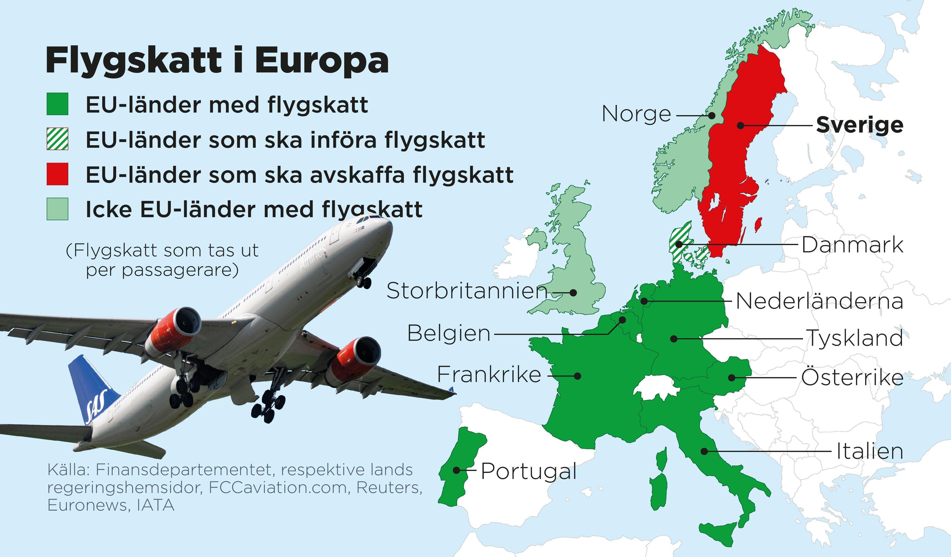 Länder i Europa som har flygskatt som tas ut per passagerare. Foto: Anders Humlebo/TT