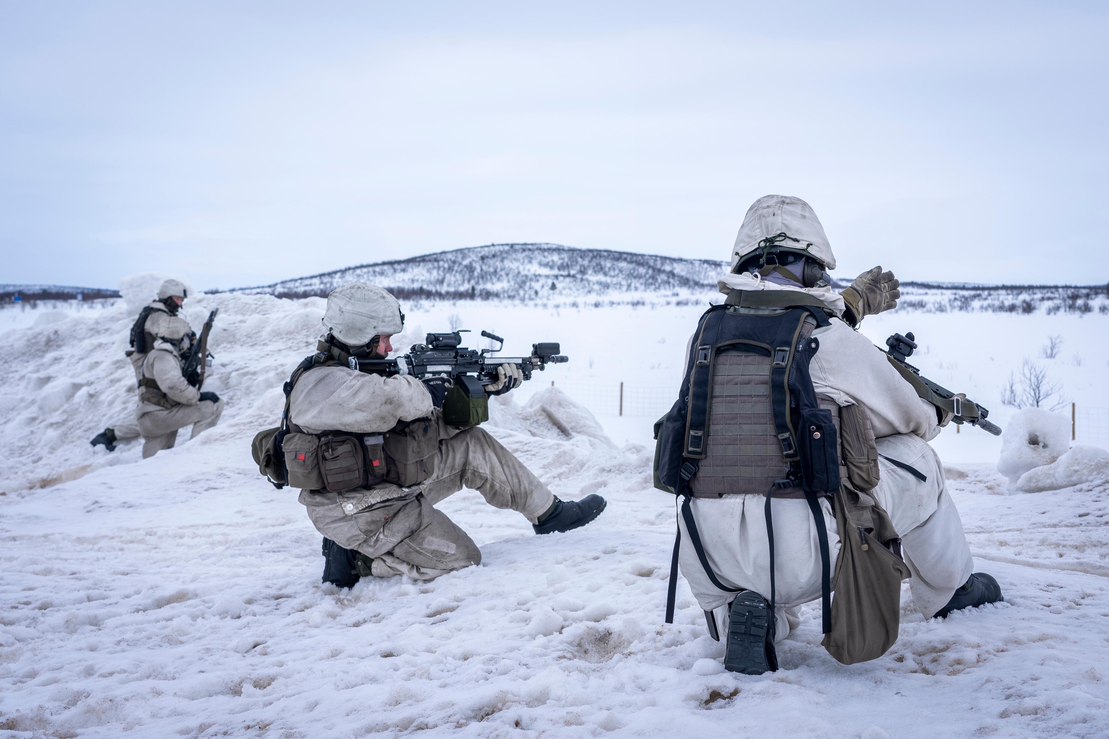 I mars i år hölls Nato-övningen Nordic Response där soldater från hela Norden samlades. Här vid gränsövergången Valtakunnanraja norr om Kivilompolo i Finland. Foto: Heiko Junge/NTB/TT