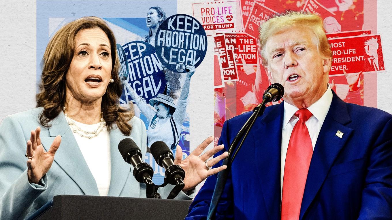 Abortfrågan är hetare än på länge i höstens presidentval i USA. Men en del väljare känner sig osäkra på var kandidaterna – Kamala Harris och Donald Trump – står. Foto: Montage av Epoch Times, Getty Images