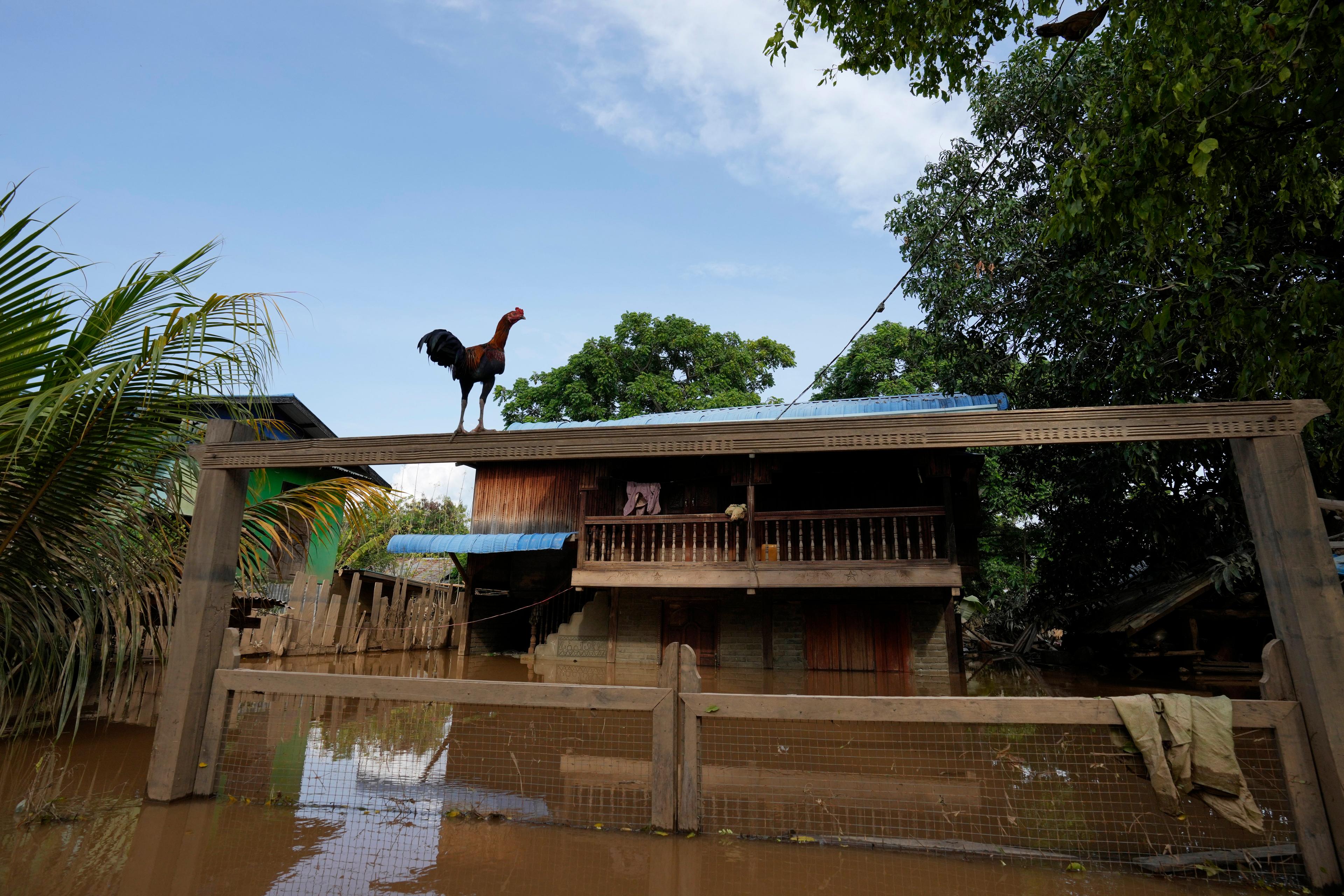 Byggnader delvis under vatten längs en översvämmad väg i Naypyitaw-regionen i Myanmar. Bilden är tagen den 15 september. Foto: Aung Shine Oo