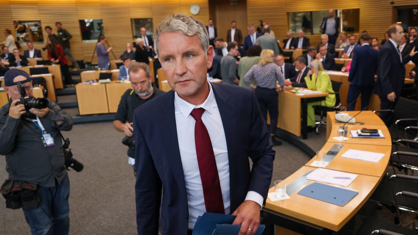 AfD:s ledare i Thüringen, Björn Höcke, i delstatsparlamentet i Erfurt, den 26 september. Hans framgångar är en del av en populistisk våg i östra Tyskland.
Foto: Sean Gallup/Getty Images