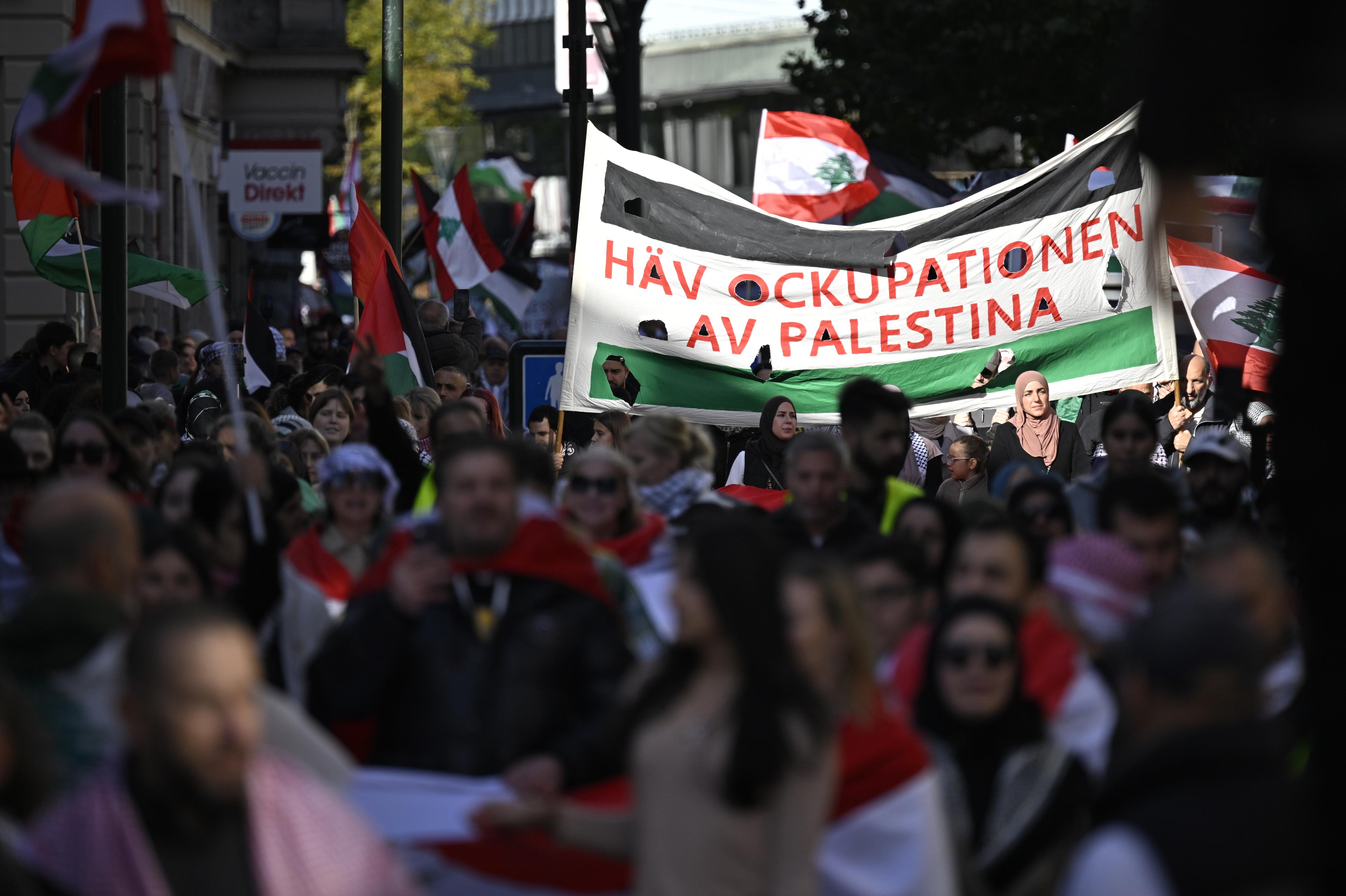 Bilder från den pro-palestinska manifestationen vid Möllevångstorget i Malmö på söndagen. Foto: Johan Nilsson/TT